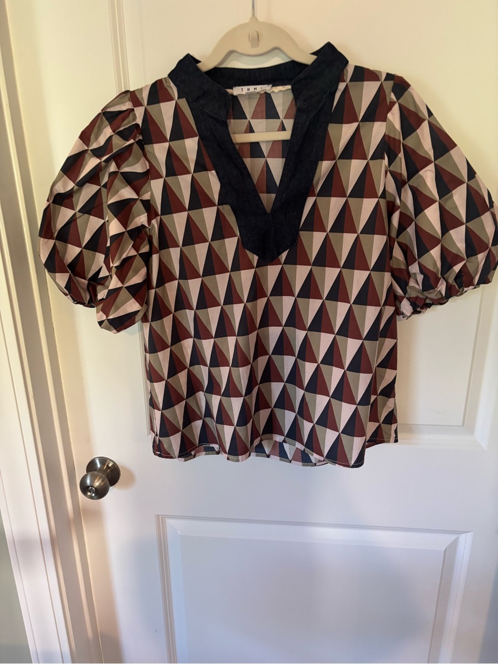 THML Geometric V-Neck Puff Sleeve Blouse - Beige, Brown & Black